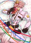  alternate_color belt black_gloves blazblue gloves hakama happy_birthday jacket japanese_clothes multiple_belts pink pink_hair ragna_the_bloodedge red_eyes ruuto_(ruto3) short_hair smile spiked_hair 