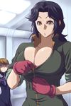  :| black_hair breast_envy breasts brown_eyes brown_hair bursting_breasts center_opening cleavage closed_mouth collarbone envy gloves jumpsuit kugimiya_kei large_breasts long_hair majestic_prince multiple_girls purple_eyes red_gloves saionji_reika_(majestic_prince) sleeves_rolled_up tyotyotyori 