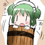  blush bucket chibi green_hair kisume lowres open_mouth shichinose short_hair solo touhou wooden_bucket |_| 