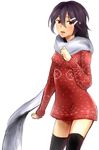  black_hair black_legwear blush breasts brown_eyes character_request christmas christmas_sweater copyright_request hair_ornament hairclip highres long_hair medium_breasts pltrgst scarf solo sweater thighhighs 