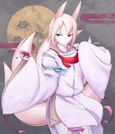  animal_ears blonde_hair fox_ears fox_tail japanese_clothes multiple_tails nakaaki_masashi original purple_eyes short_hair solo tail 