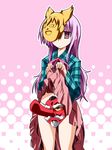  expressionless face_mask halftone halftone_background hata_no_kokoro hemogurobin_a1c highres jitome long_hair long_nose long_sleeves mask new_mask_of_hope phallic_symbol pink_background plaid plaid_shirt purple_eyes purple_hair sexually_suggestive shirt skirt skirt_lift solo tengu_mask touhou very_long_hair wide_sleeves 