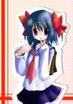 blue_eyes blue_hair bow copyright_request food hair_bow looking_at_viewer school_uniform serafuku shichinose short_hair skirt smile solo 