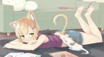  animal_ears bad_id bad_pixiv_id bare_shoulders barefoot blonde_hair carpet cat cat_ears collar couch dimples_of_venus feet full_body green_eyes hair_ornament hairclip indoors leash leg_lift looking_away lying magazine midriff no_nose on_stomach original pillow short_hair shorts smile soles solo tail tank_top u_(mikaduki0720) wooden_floor 