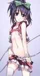  bad_id bad_pixiv_id black_hair blush bow chain cuffs facial_mark flat_chest hair_bow hip_vent kunihiro_hajime long_hair looking_at_viewer matsuryuu navel parted_lips ponytail purple_eyes revealing_clothes saki shackles skirt solo star thighhighs white_legwear 