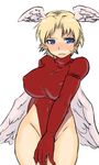  abs blonde_hair blue_eyes blush breasts cosplay covered_navel covered_nipples elbow_gloves final_fantasy final_fantasy_tactics gloves groin head_wings huge_breasts leotard monk_(fft) red_leotard short_hair solo sweatdrop tsukudani_(coke-buta) ultima_(fft) ultima_(fft)_(cosplay) wings 