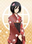  black_eyes black_hair flower hair_flower hair_ornament highres japanese_clothes kimono mikasa_ackerman rumia_(compacthuman) shingeki_no_kyojin short_hair solo 