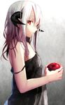  apple bad_id bad_pixiv_id bare_shoulders black_dress demon dress food fruit holding holding_food holding_fruit horn long_hair original red_eyes shirotaka_(5choume) silver_hair solo 