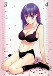  absurdres april black_bra black_legwear black_panties blush bra breasts calendar_(medium) cherry_blossoms cleavage fate/stay_night fate_(series) hair_ribbon highres huge_filesize large_breasts long_hair march matou_sakura morii_shizuki panties petals purple_eyes purple_hair ribbon scan sitting socks solo strap_gap underwear underwear_only wariza 