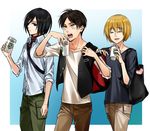  2boys armin_arlert bag belt black_eyes black_hair blonde_hair collarbone contemporary eren_yeager handbag heart holding kenao mikasa_ackerman multiple_boys open_clothes open_vest pants pocket shingeki_no_kyojin shirt short_hair short_sleeves t-shirt vest walking 