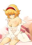  alice_margatroid bad_id bad_pixiv_id bare_shoulders blonde_hair blue_eyes blush bottomless breasts cleavage dress_shirt earrings from_above hairband jewelry large_breasts naked_shirt no_bra no_pants non_(z-art) shirt short_hair solo touhou 