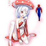  1girl ;o apron bite_mark bow hat mario mario_(series) mushroom_girl one_eye_closed pantyhose personification red_eyes red_footwear setona_(daice) shoes short_hair sitting super_mario_bros. tears torn_clothes torn_legwear walking_away white_hair white_legwear 