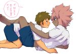  2boys barefoot blue_eyes blue_shorts blush brown_hair dark_skin feet gym_uniform highres inazuma_eleven inazuma_eleven_(series) long_hair male_focus multiple_boys open_mouth pink_hair shiroabe shorts smile straddling tachimukai_yuuki tsunami_jousuke yaoi 