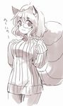  animal_ears bottomless futatsuiwa_mamizou glasses leaf leaf_on_head monochrome naked_sweater no_pants raccoon_ears raccoon_tail ribbed_sweater sen1986 short_hair smile sweater tail touhou 