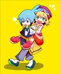  1girl :o ahoge amitie_(puyopuyo) bag blonde_hair blue_eyes blue_hair carrying embarrassed full_body green_eyes hat hato_mune heterochromia injury pants piggyback puyopuyo puyopuyo_fever red_eyes shirt shoes short_hair sig_(puyopuyo) yellow_background 