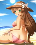  ass bad_id bad_pixiv_id banned_artist bikini breasts brown_hair butt_crack green_eyes hat large_breasts long_hair nonomiya_midori ocean open_mouth original shin'en_(gyokuro_company) smile solo swimsuit very_long_hair water wet 