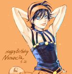  belt black_hair blue_eyes choker happy_birthday hariyama_(toubou_tengoku) headband jojo_no_kimyou_na_bouken male_focus narancia_ghirga orange_background solo 