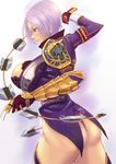  1girl ass breasts dangorou_(yushi-art) gloves isabella_valentine large_breasts short_hair simple_background solo soul_calibur soulcalibur_v sword very_short_hair weapon whip 