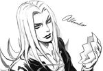  character_name greyscale hariyama_(toubou_tengoku) hat hat_removed headwear_removed jojo_no_kimyou_na_bouken leone_abbacchio lipstick long_hair makeup male_focus monochrome solo 