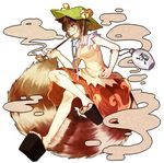  animal_ears armpits bangs bare_arms bell breasts brown_eyes brown_hair clog_sandals crossed_legs futatsuiwa_mamizou gourd hand_on_hip hat highres kiseru leaf leaf_on_head medium_breasts mei_luo pipe raccoon_ears raccoon_tail sandals short_hair sitting skirt sleeveless smoke smoking tail touhou 