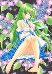  barefoot black_background blush breasts detached_sleeves floral_background flower frog_hair_ornament green_eyes green_hair hair_ornament hair_tubes kochiya_sanae large_breasts long_hair marker_(medium) open_mouth panties pink_panties sitting skirt snake_hair_ornament solo tegaki_no_yuu touhou traditional_media underwear 