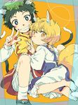  animal_ears barefoot black_eyes black_hair blonde_hair blush cat_ears cat_tail chen fox_ears fox_tail hat looking_at_viewer multiple_girls multiple_tails short_hair slit_pupils smile tail touhou v yakumo_ran yellow_eyes younger yukataro 