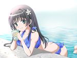  bikini black_hair blue_bikini butt_crack chize drink flower green_eyes hair_flower hair_ornament long_hair pool poolside saten_ruiko solo swimsuit to_aru_kagaku_no_railgun to_aru_majutsu_no_index water 