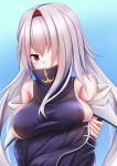  1girl azur_lane blue_background blush breast_rest breasts colorado_(azur_lane) commentary_request crossed_arms erect_nipples eyebrows_visible_through_hair grey_hair hair_over_one_eye hairband highres kirimori_toya long_hair long_sleeves looking_at_viewer red_eyes sideboob solo upper_body 