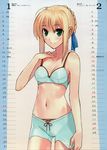  absurdres ahoge artoria_pendragon_(all) bare_shoulders bikini_shorts bikini_top blonde_hair blush breasts calendar_(medium) cleavage fate/stay_night fate_(series) green_eyes hair_ribbon highres morii_shizuki navel ribbon saber shorts small_breasts smile solo swimsuit_tug 