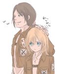  ajitsuke_nori annoyed christa_renz emblem freckles grin hand_on_another's_head multiple_girls paradis_military_uniform petting shingeki_no_kyojin smile training_corps_(emblem) ymir_(shingeki_no_kyojin) 