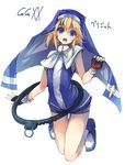  bike_shorts blonde_hair blue_eyes blue_skirt bridget_(guilty_gear) cross fingerless_gloves gloves guilty_gear guilty_gear_xx hood hoop male_focus nun otoko_no_ko skirt solo ukyo_rst yo-yo 