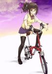  bicycle black_legwear brown_eyes brown_hair glasses ground_vehicle kazu kikuko_(kazu) legs original ponytail school_uniform skirt solo sweater_vest thighhighs zettai_ryouiki 