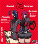  1boy 1girl alternate_color alternate_hairstyle belt black_legwear blue_hair breasts collar collarbone earrings glasses gloves gothic hips jacket jewelry kojirou_(pokemon) legs long_hair musashi_(pokemon) nintendo open_clothes open_shirt persian poke_ball pokemon pokemon_character pokemon_species red_hair shirt short_hair smile team_rocket whip 