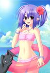  :d :x absurdres bikini blush_stickers bracelet breasts bunny criss-cross_halter daisy_(shuffle!) flower hair_flower hair_ornament halter_top halterneck hibiscus highres innertube jewelry nishimata_aoi ocean open_mouth pink_bikini pointy_ears purple_eyes purple_hair short_hair shuffle! shuffle!_essence+ small_breasts smile solo swimsuit water 