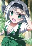  arm_up bandages breasts cleavage collarbone flower forest green_eyes hair_ribbon konpaku_youmu konpaku_youmu_(ghost) looking_at_viewer nature nori_tamago open_mouth puffy_sleeves ribbon shirt short_sleeves silver_hair skirt skirt_set small_breasts smile solo sunlight touhou vest 