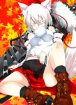  animal_ears bad_id bad_pixiv_id bare_shoulders boots breasts detached_sleeves hat inubashiri_momiji leaf maple_leaf medium_breasts red_eyes scowl short_hair shun_soku sitting skirt solo sword tail tokin_hat touhou weapon white_hair wolf_ears wolf_tail 