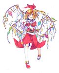  absurdres asawa_ei blonde_hair flandre_scarlet highres jewelry mismatched_footwear orange_eyes pointy_ears ribbon short_hair solo touhou traditional_media white_background wings 