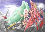  asymmetrical_wings blood breasts cross feathers green_wings heterochromia highres mecha_musume mechanical_wings medium_breasts original red_wings shikapu solo sword torn_clothes weapon wings 