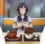  bowl brown_hair closed_eyes curry food glass highres masaki_nonoka meat photokano praying rice school_uniform screencap solo spoon tray water 