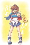  :d arle_nadja armor armored_dress blue_footwear blue_skirt boots brown_hair capelet carbuncle_(puyopuyo) copyright_name creature full_body half_updo hand_on_hip madou_monogatari mismatched_footwear open_mouth pointing puyopuyo rikuruto short_hair sketch skirt smile yellow_background yellow_eyes 