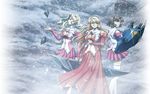  3girls blonde_hair brown_hair chiffon_fairchild dress elizabeth_mably elizabeth_mayberry freezing_(series) long_hair multiple_girls satellizer_el_bridget snow standing 