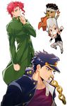  black_hair blue_eyes chibi danemaru dark_skin dark_skinned_male fire gakuran green_eyes grey_hair hat jean_pierre_polnareff jojo_no_kimyou_na_bouken kakyouin_noriaki kuujou_joutarou long_coat male_focus mohammed_avdol multiple_boys school_uniform stand_(jojo) stardust_crusaders 