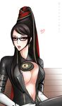  bayonetta bayonetta_(character) beehive_hairdo bench black_hair bodysuit breasts darika_wora-apinyaporn earrings elbow_gloves eyeshadow glasses gloves hair_ribbon heart jewelry large_breasts lipstick long_hair looking_at_viewer makeup mole mole_under_mouth navel puckered_lips ribbon seductive_smile sitting smile solo unzipped very_long_hair white_gloves yaranaika 