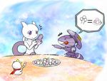  bowl duplicate food gen_1_pokemon gen_5_pokemon genesect mewtwo newtop no_humans pointing pokemon pokemon_(creature) purple_eyes red_eyes scarf source_request steam 