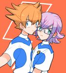  bad_id bad_pixiv_id blue_eyes glasses green_eyes idomajin inazuma_eleven_(series) inazuma_eleven_go inazuma_eleven_go_galaxy lightning_bolt male_focus manabe_jin'ichirou minaho_kazuto multiple_boys orange_hair purple_hair shinsei_inazuma_japan simple_background soccer_uniform sportswear 