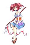  absurdres alternate_weapon asawa_ei bare_shoulders breasts cleavage geta hair_bobbles hair_ornament highres medium_breasts onozuka_komachi red_eyes red_hair scythe smile solo touhou traditional_media two_side_up weapon white_background 