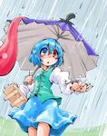  :o blue_eyes blue_hair blush blush_stickers geta heterochromia highres karakasa_obake open_mouth purple_umbrella rain red_eyes shinapuu short_hair skirt solo tatara_kogasa tongue touhou umbrella water 