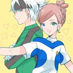  1girl bad_id bad_pixiv_id crossed_arms earth_eleven gloves goalkeeper headband ibuki_munemasa idomajin inazuma_eleven_(series) inazuma_eleven_go inazuma_eleven_go_galaxy lightning_bolt nozaki_sakura open_mouth soccer_uniform sportswear white_hair 