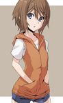  bad_id bad_pixiv_id blue_eyes brown_hair bute_(butegram) chestnut_mouth hands_in_pockets hood hood_down hoodie kinuhata_saiai shirt short_hair shorts sleeveless sleeveless_hoodie solo t-shirt to_aru_kagaku_no_railgun to_aru_majutsu_no_index 