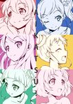  aikatsu! aikatsu!_(series) arisugawa_otome asymmetrical_hair blush chomo_(asymmate) collarbone copyright_name curly_hair drill_hair hair_ornament hair_ribbon highres hoshimiya_ichigo kiriya_aoi kitaouji_sakura long_hair multiple_girls one_eye_closed open_mouth ponytail ribbon shibuki_ran short_hair side_ponytail simple_background smile toudou_yurika twin_drills twintails 